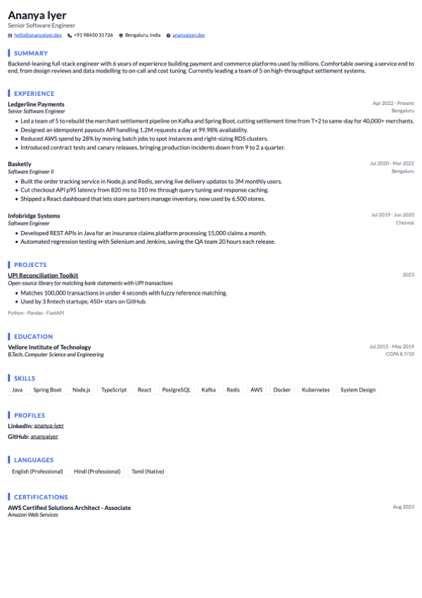 Atlas resume template, page one of the sample resume
