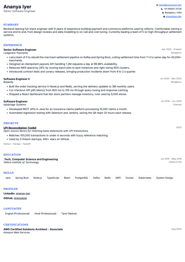Fjord resume template, page one of the sample resume
