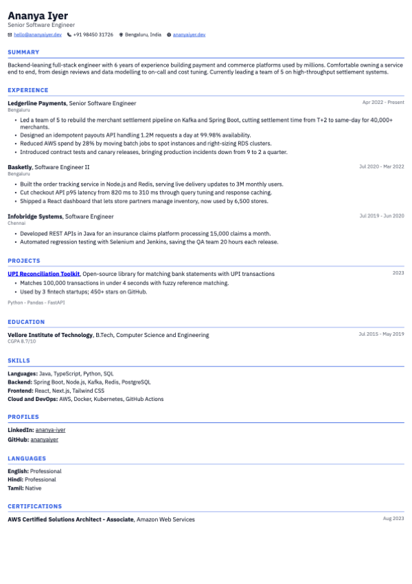 Kernel resume template, page one of the sample resume