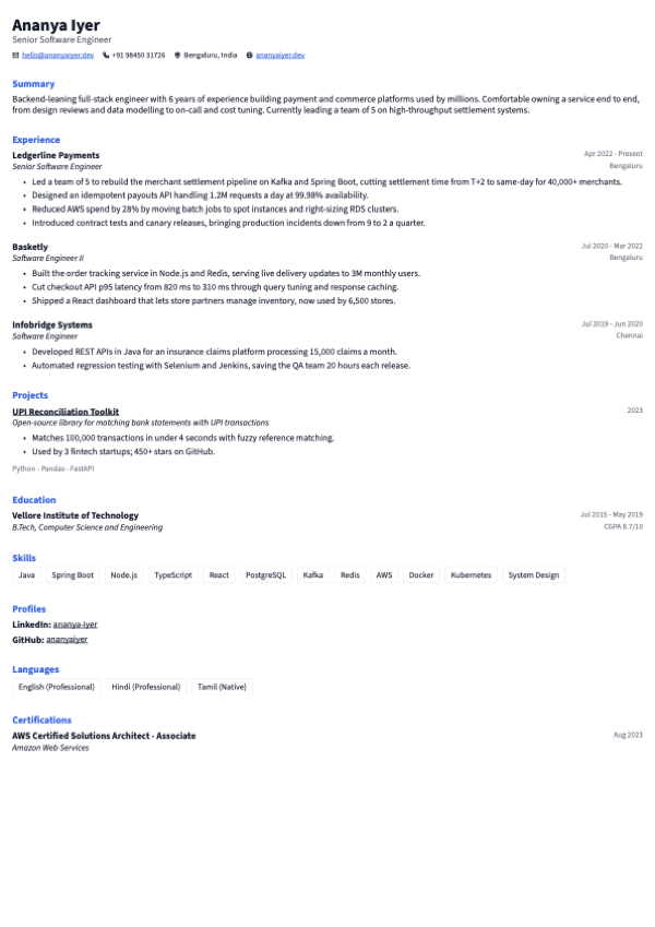 Ledger resume template, page one of the sample resume