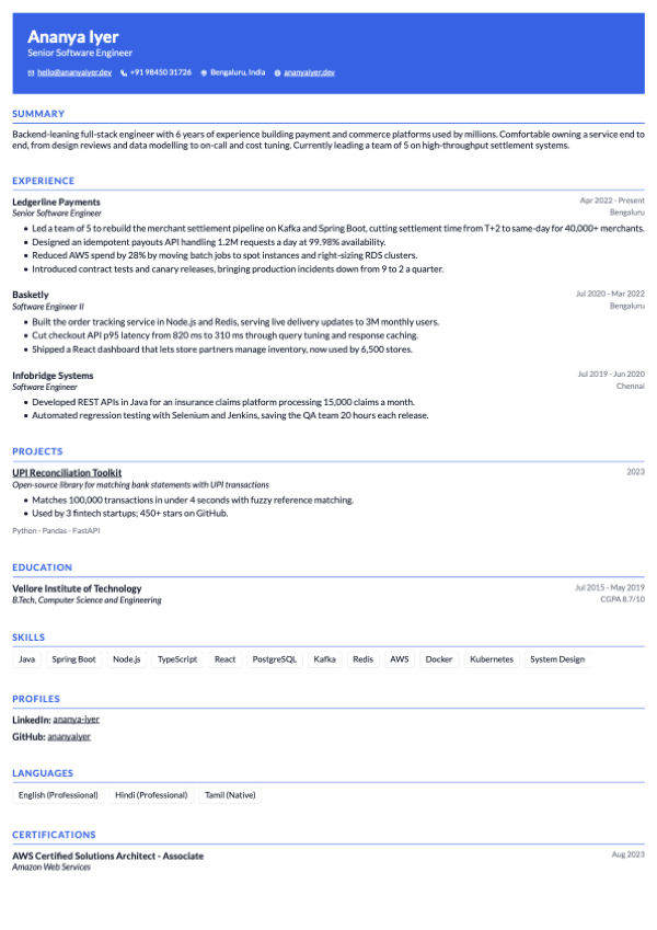 Summit resume template, page one of the sample resume
