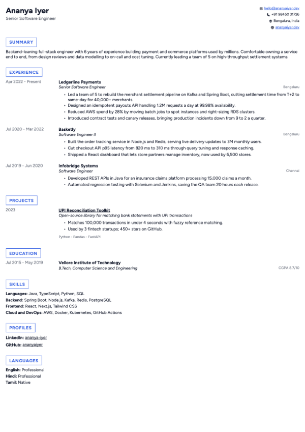 Vector resume template, page one of the sample resume