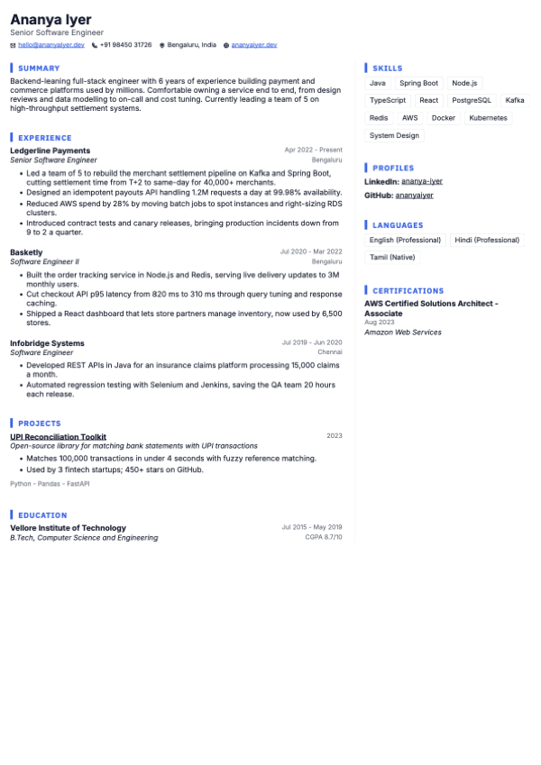 Vertex resume template, page one of the sample resume